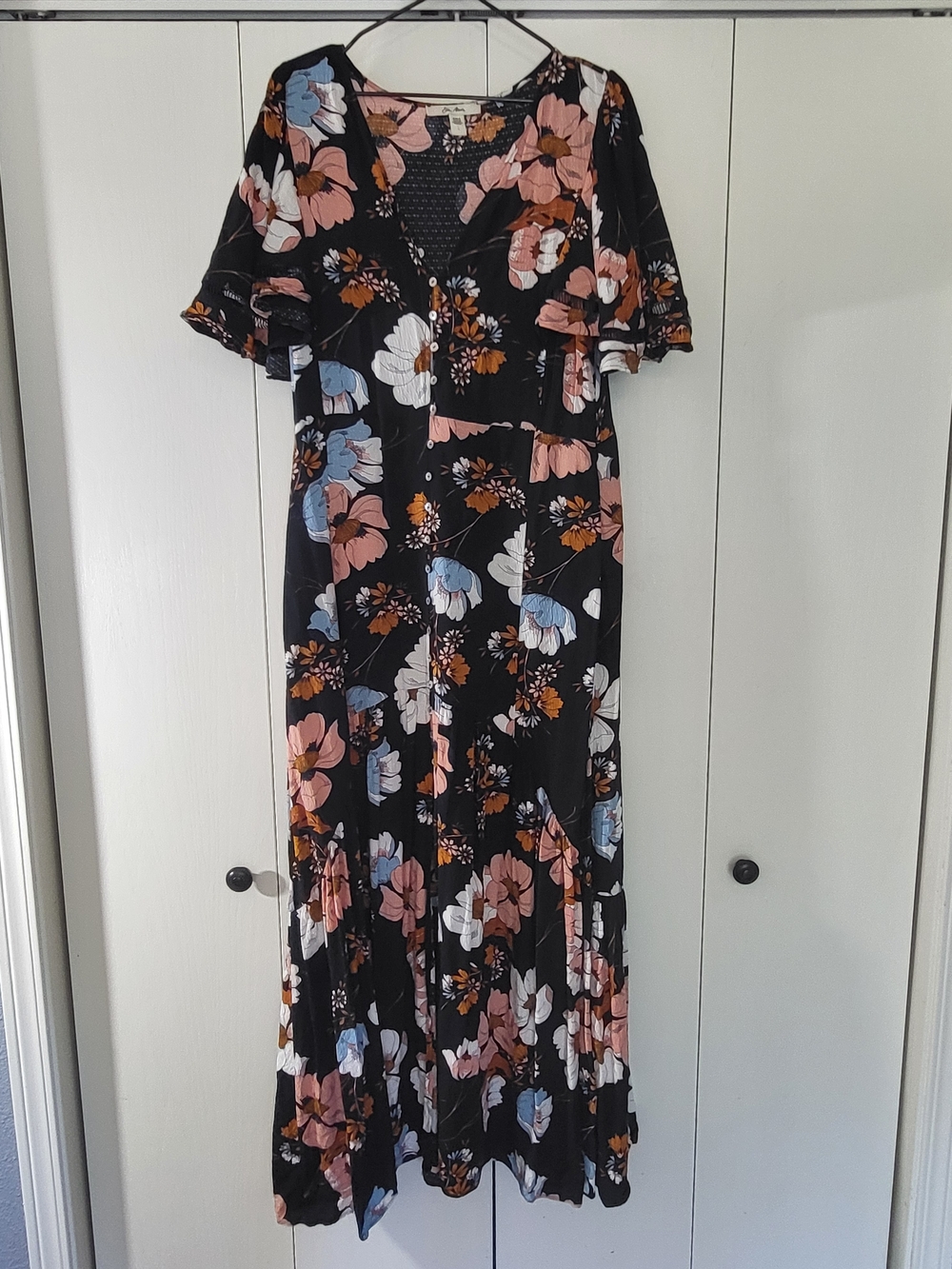 Ella Moon Lg, Black Floral High/Low Maxi Dress with Pink & Blue Blooms